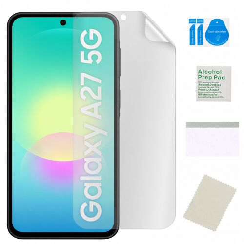 SAMSUNG GALAXY A27 5G matt hidrogél képernyővédővel és tisztítószer készlettel, mely por eltávolítókat, alkoholos törlőkendőt és mikroszálas ruhát tartalmaz, fehér háttéren - Kijelzővédő fólia