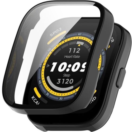 Fekete 2 az 1-ben tok beépített edzett üveggel Amazfit Bip 5 okosórához, részben felemelt állapotban látható, felfedve az óra számlapját. 