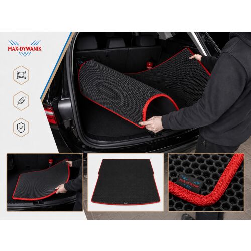 Kollázs, amely a MAX-MAT EVA csomagtértálcát mutatja be autóba szerelve, átfogó nézetet és a méhsejt textúra közeli képét logóval - Csomagtértálca