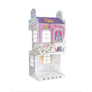 Bérház Różana 8 3D coloring book for kids, unfolded, pink, two-story house with windows, roses and cats, girl in attic window - Activity Book, Coloring