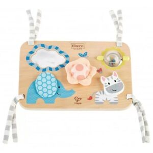 Hape wooden activity board for babies with zebra, elephant, mirror and rattle - Hape
