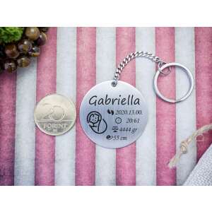 Személyre szabott rozsdamentes acél kulcstartó baba lábnyommal, születési dátummal, idővel, súlygal és hosszúsággal, Gabriella névvel gravírozva - Ajándék kulcstartó