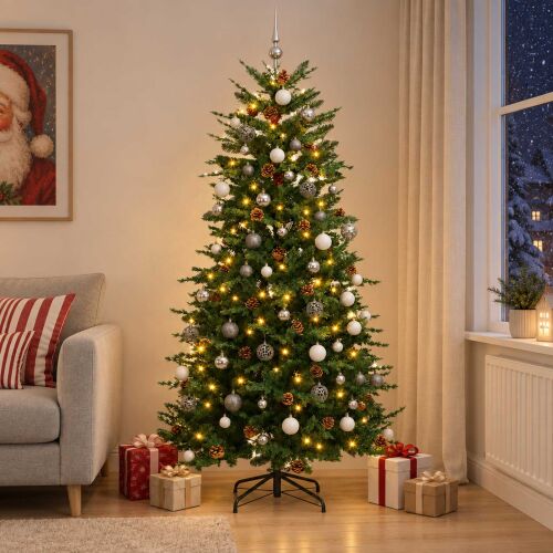 Díszített vidaXL műfenyő fényekkel, díszekkel és tobozokkal egy hangulatos nappaliban kanapéval és ajándékokkal, ünnepi dekorációt bemutatva - Dekoráció