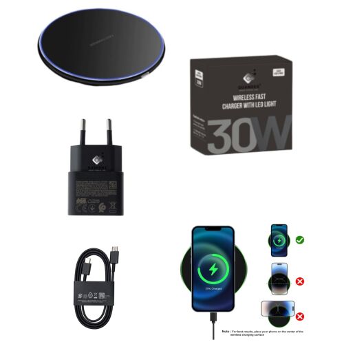 Vezeték nélküli töltőpad QI 30W gyorstöltővel, PD 25W adapterrel és USB-C - C kábellel, kompatibilis Samsung S25, S24, S23, S22, S20 készülékekkel, 3 darabos készlet