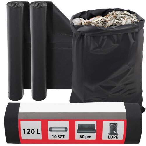Kotarbau 120L LDPE sitteszsákok, 2 darabos készlet, részletes kapacitás, mennyiség, vastagság és anyaginformációval fehér háttéren, építési törmelékkel töltve - Szemeteszsák