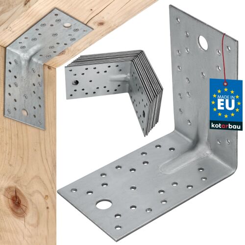 Kątownik Ciesielski Łącznik Budowlany Wzmocniony 125x125x80mm horganyzott acél sarokvas, kollázs, amely a terméket használatban, több sarokvasat és a Made in EU címkét mutatja - Kötőelem