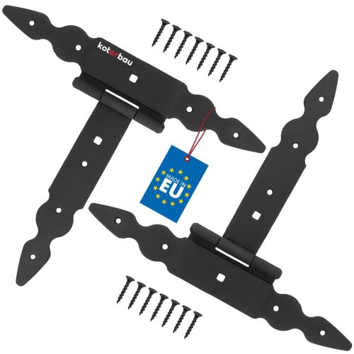 Két Kotarbau fekete T-zsanér kapukhoz és fészerekhez csavarokkal, EU gyártmány címkével - Kötőelem