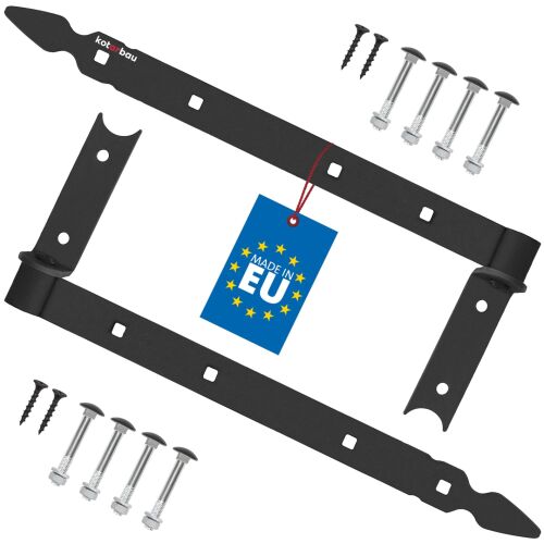 Kotarbau fekete pánt zsanér készlet kapukhoz, ajtókhoz, redőnyökhöz, 400mm, csavarokkal és rögzítőelemekkel, EU gyártmány - Kötőelem