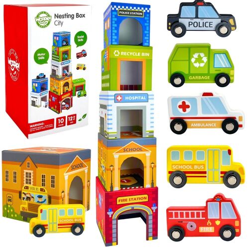 WOOPIE GREEN Kirakókockák Városi járművek dobozokban + figurák 10 db.