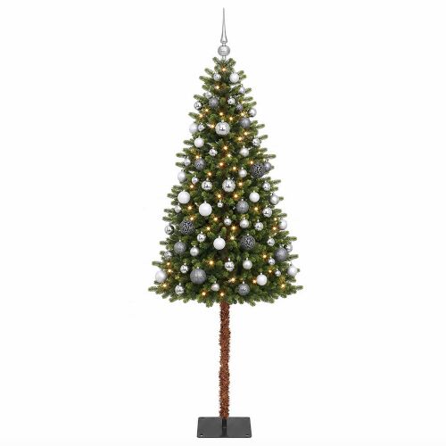 vidaXL 120 cm-es műfenyő, előre világítva 150 LED-del és ezüst-fehér díszekkel dekorálva, fehér háttéren - Műfenyő és karácsonyfa