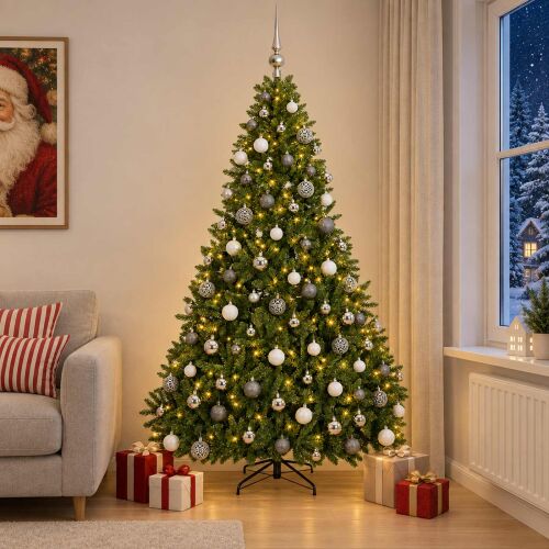 Díszített vidaXL 240 cm-es műfenyő hangulatos nappaliban kanapéval, becsomagolt ajándékokkal és hófödte tájra néző ablakkal - Dekoráció