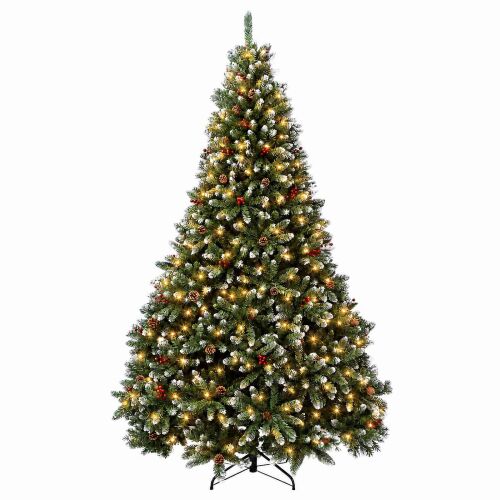 vidaXL 270 cm-es műfenyő csuklós ágakkal, hóval, tobozokkal, piros bogyókkal és meleg LED világítással, fehér háttéren - Dekoráció