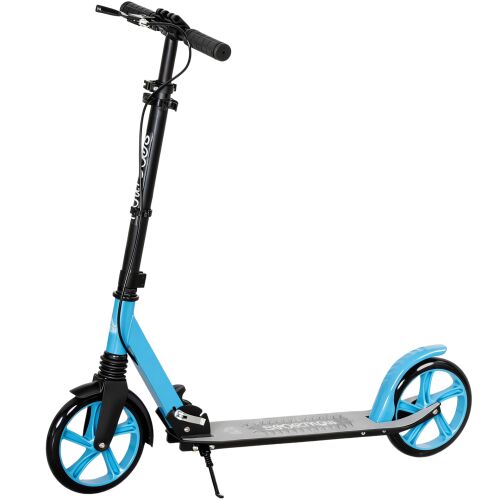 HOMCOM összecsukható felnőtt roller állítható kormánnyal, kék színben, 200 mm-es kerekekkel és kitámasztóval fehér alapon 