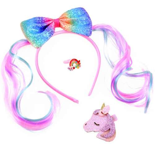 Bandă de păr cu unicorn cu arc colorat și cozi de cal, clip de păr cu unicorn și inel, Jokomisiada model Pony, multicolor