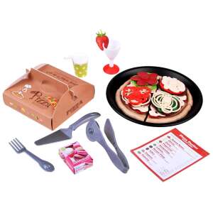 Pizza playset with pizza cutter, spatula, fork, knife, pizza box, cup, and toppings - Play food