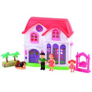 Foldable dollhouse with furniture and family figures, pink and white, for kids - Dollhouse