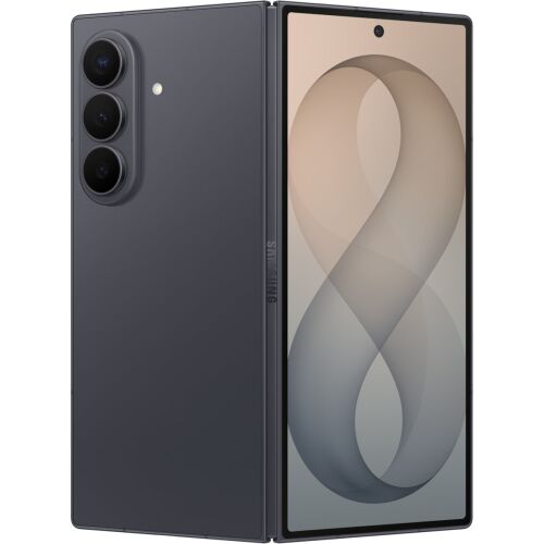Samsung SM-F976BZKBEEB Galaxy Z Fold okostelefon fekete színben, részben nyitva, a fő kijelzővel és a hátlapon található hármas kamera elrendezéssel - Samsung
