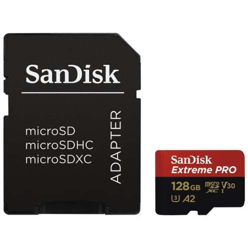 SanDisk Extreme Pro 128GB microSDXC memory card with adapter, UHS-I, U3, A2, V30
