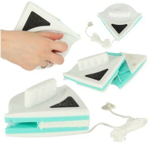 Collage of double-sided magnetic window cleaner with accessories. - Cleaning