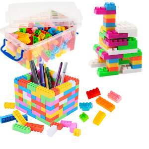Kik Műanyag Építőkocka 240db set: Building blocks in a storage box, a dinosaur figure, and a pencil holder made of blocks - Kik