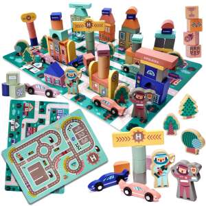 Wooden city building blocks set with cars, race track, and figures, 160 pieces - Creative & Building Toy