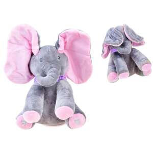 Interactive singing elephant plush toy with pink ears, grey body, and purple bow, front and back view - Interactive Plush Toy