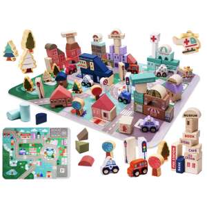 Set 135 piese, cuburi de constructie din lemn pentru copii, CityDream, 55 x 42 cm, 3 ani +