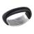Stainless steel garlic press with black handle, top view