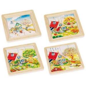 Puzzle Goki cu 4 straturi Sezoane, un puzzle din lemn cu 4 anotimpuri diferite, care prezintă o casă și o grădină - Puzzle 3D & Puzzle cu burete