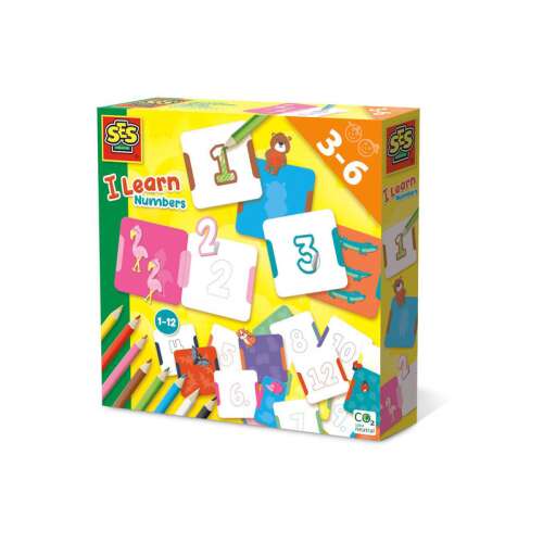 SES I Learn Numbers game for kids ages 3-6, featuring 12 number cards with animal illustrations, stickers, and colored pencils