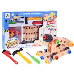 80-dielna drevená stavebnica s nástrojmi, stavebnými kockami, maticami, skrutkami a kolesami - Remeselné práce