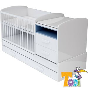 Todi Bianco kombi kiságy pelenkázó komóddal - bordázott fehér/kék