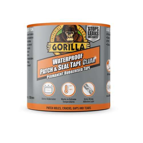 Gorilla Waterproof Patch & Seal Tape Clear, 2,4m x 100mm, trvalá gumová páska, priehľadná, vodotesná, UV odolná, extrémne teploty, záplata dier, trhlín, medzier a trhlín