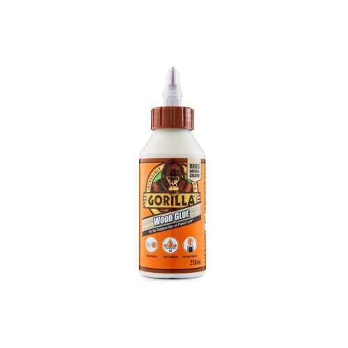 Gorilla Wood Glue, fľaša 236ml, biele lepidlo, hnedý uzáver, oranžový štítok, logo gorily