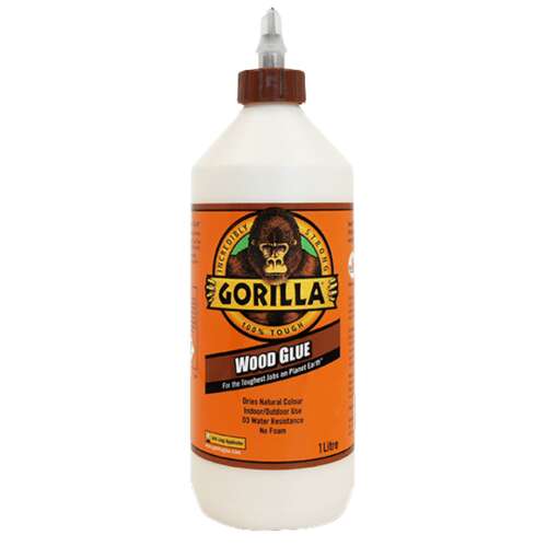 Butelka kleju Gorilla Wood Glue, 1 litr, pokazująca opakowanie i kluczowe cechy produktu