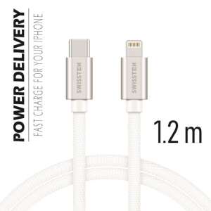 Cablu de date și încărcare Swissten cu acoperire textilă, USB-C/fulger, 1,2 m argintiu/alb 46131860 Cabluri de date