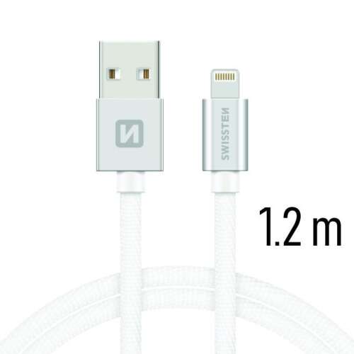 Cablu de date și încărcare Swissten cu acoperire textilă, USB/fulger, 1,2 m argintiu/alb