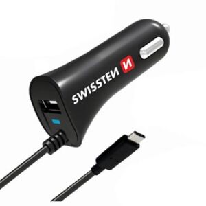 Abgewinkelte Ansicht des Swissten USB-C-Autoladegeräts mit zusätzlichem USB-Anschluss - Autoladegeräte
