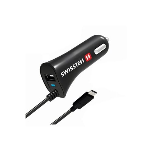 Szögletes nézet a Swissten USB-C autós töltőről extra USB porttal