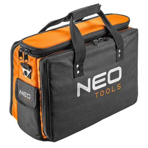 NEO TOOLS tool bag, black and orange, 600D polyester, 17 internal pockets, 2 external pockets, reinforced zippers, carrying handle, shoulder strap