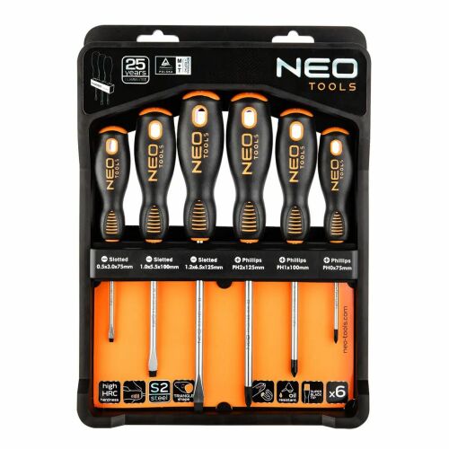NEO Tools 6 db-os ütésálló csavarhúzó készlet S2 acél mágneses heggyel, lapos és kereszt csavarhúzók csomagolásban, 25 év garancia - Neo