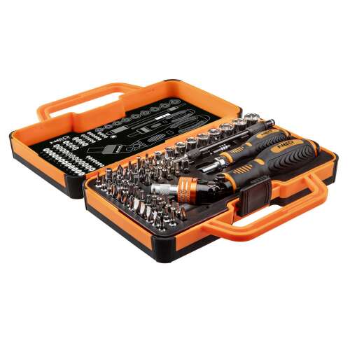 NEO 69 piece screwdriver bit set with driver, includes various sizes and types of bits, perfect for home and professional use