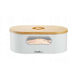 White enamel bread box with bamboo cutting board lid and window, Cookline brand - Bread Bin