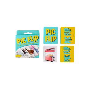 Gra karciana Pic Flip, pokazująca karty i pudełko - Mattel