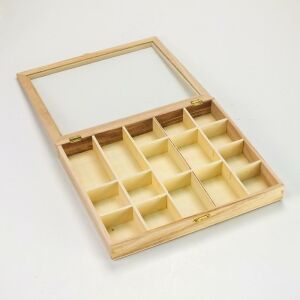 Natúr nagy gyöngyös tárolódoboz 16 rekesszel, nyitott fedéllel - Fa felirat & dekorációs elem