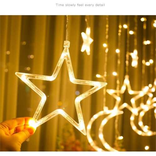 Star and moon shaped LED curtain lights, warm white, 8 modes, 3 x 1 m
