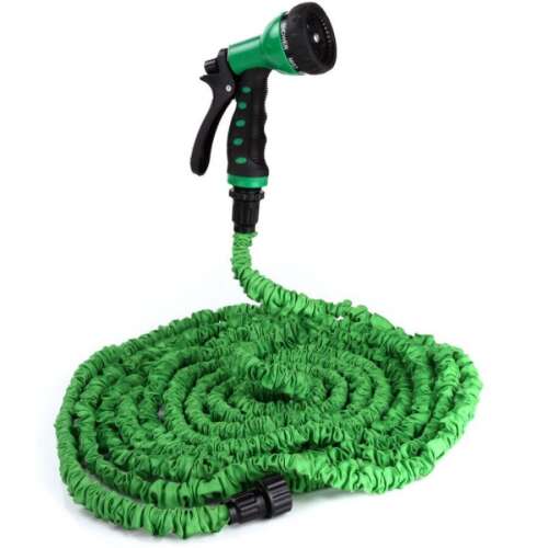 Green expandable garden hose with 7 function spray nozzle, 45 meter long