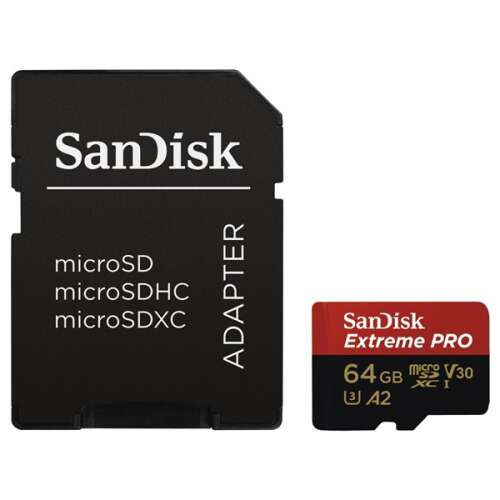 SanDisk Extreme Pro 64GB microSDXC memóriakártya adapterrel, UHS-I, U3, A2, V30, 200MB/s olvasási sebesség