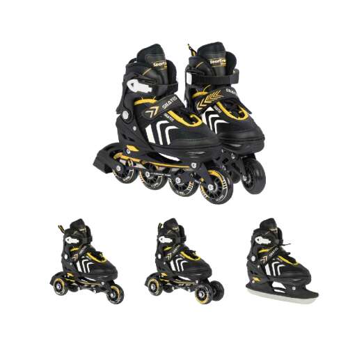 SportTrike 4 in 1 verstellbare Inline-Skates für Kinder, schwarz und gelb, Größe 34-38, Collage mit verschiedenen Ansichten