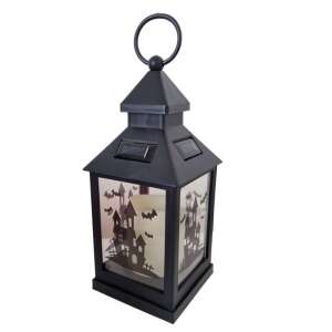 Black Halloween solar powered lantern with a haunted house and bats design - Sumker